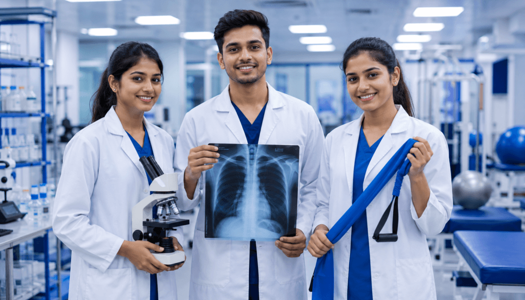 Paramedical students at VIHAS Kolkata representing DMLT, X-Ray Radiology, and Physiotherapy courses after 12th science