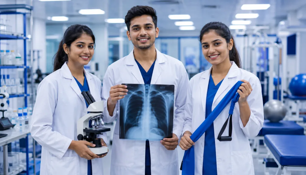 Paramedical students at VIHAS Kolkata representing DMLT, X-Ray Radiology, and Physiotherapy courses after 12th science