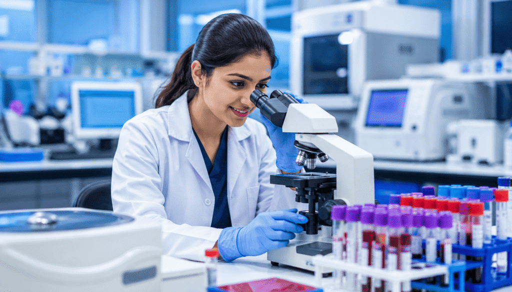 BMLT course in Kolkata 2026 - Bachelor of Medical Laboratory Technology student analyzing blood samples under microscope at VIHAS Institute Entally