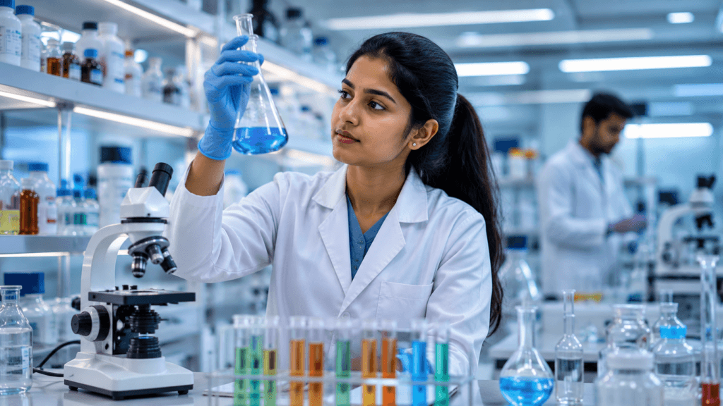 B.Pharm student conducting pharmaceutical liquid testing in a modern lab at VIHAS Kolkata
