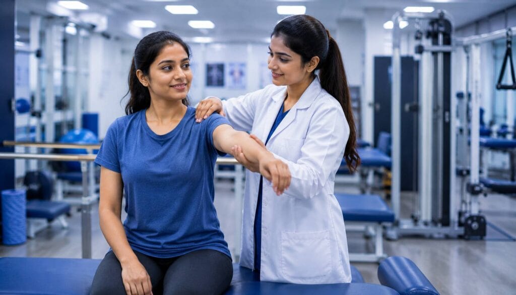 BPT course in Kolkata 2026 - Bachelor of Physiotherapy student treating patient with arm rehabilitation exercise at VIHAS Institute Entally