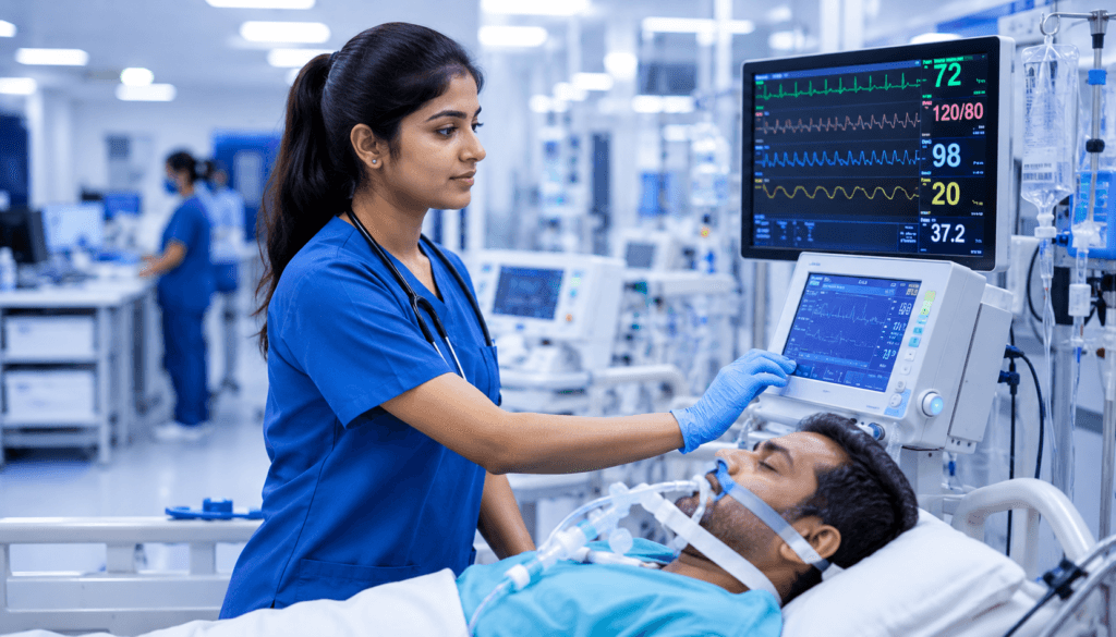 Diploma in Critical Care Management Kolkata 2026 - critical care technician monitoring ICU patient at VIHAS Institute Entally