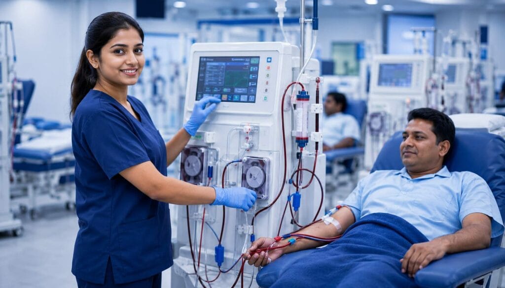 Dialysis Technician course in Kolkata 2026 - female dialysis technician operating hemodialysis machine with patient during treatment at VIHAS Institute Entally