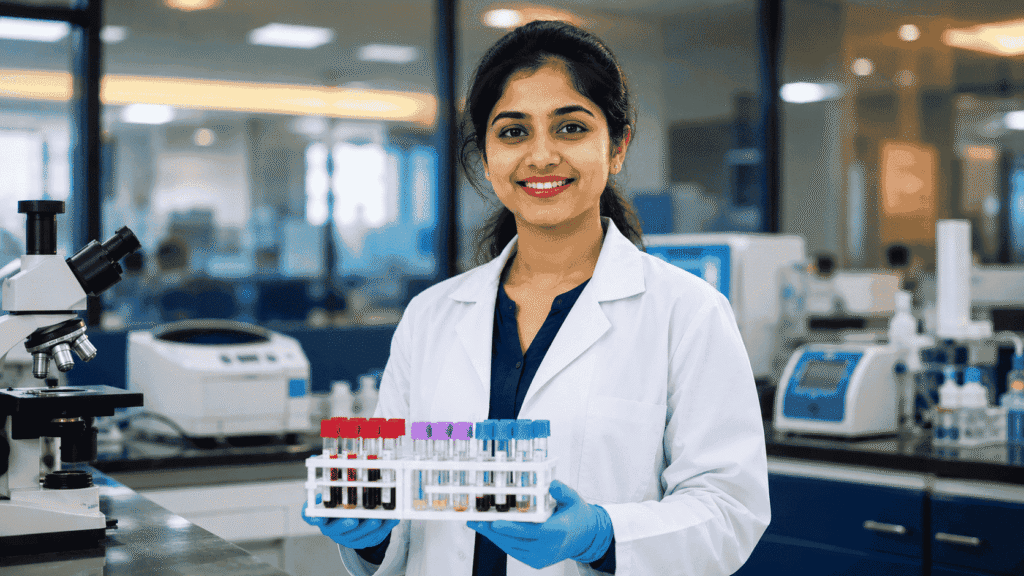 DMLT course in Kolkata 2026 - medical lab technician student holding blood test samples at VIHAS Institute Entally