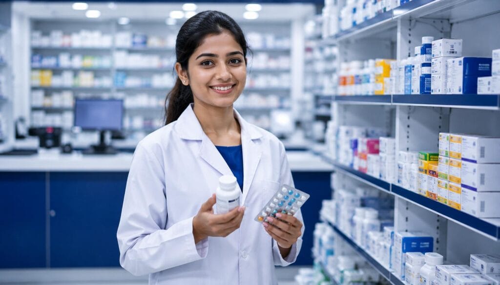 D.Pharm course in Kolkata 2026 - Diploma in Pharmacy student holding medicine bottles and blister packs at VIHAS Institute Entally