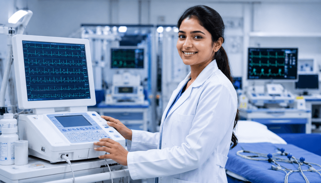ECG Technician course in Kolkata 2026 - cardiac diagnostics student operating ECG machine with heart rhythm tracings at VIHAS Institute Entally