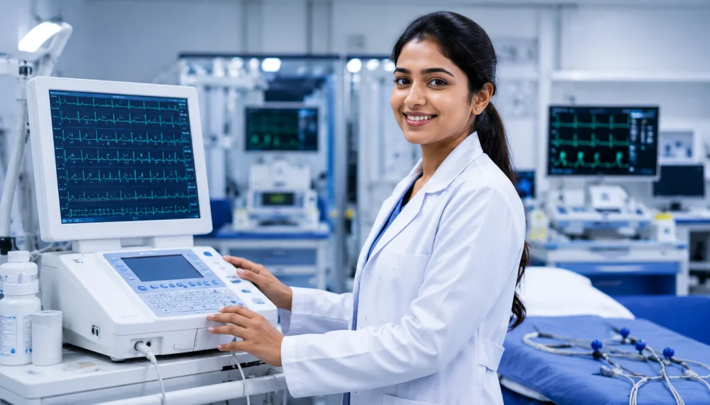 ECG Technician course in Kolkata 2026 - cardiac diagnostics student operating ECG machine with heart rhythm tracings at VIHAS Institute Entally