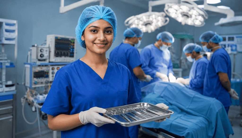 OTT course in Kolkata 2026 - Operation Theatre Technology student with surgical instruments at VIHAS Institute Entally