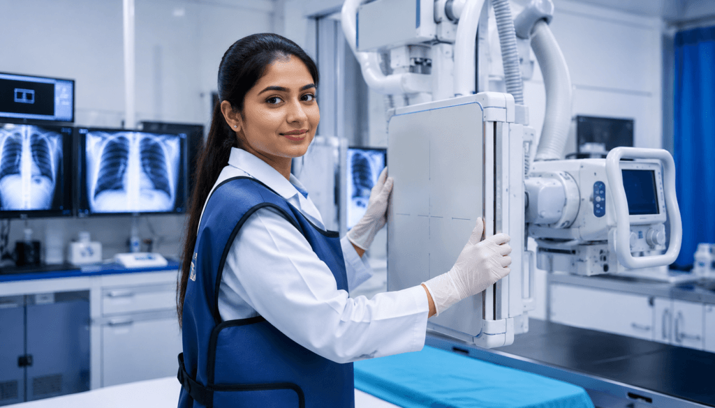 X-Ray Technician course in Kolkata 2026 - radiology student in lead apron positioning X-ray imaging panel at VIHAS Institute Entally
