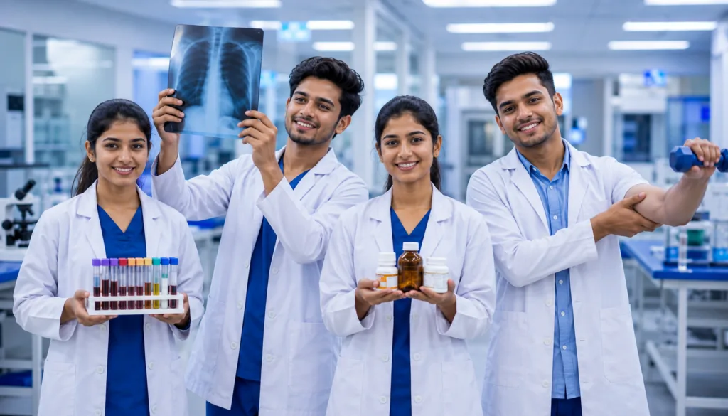 Diverse group of young Indian healthcare professionals including doctors, nurses, physiotherapists, and lab technicians, representing career options in healthcare in Kolkata 2026